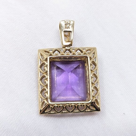 10kt Solid Yellow Gold Amethyst Emerald Cut Vintage Pendant With Heart Detail - Picture 4 of 9